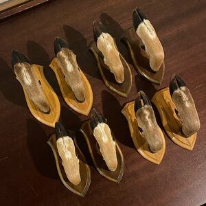 Set of TWO vintage real deer hoof wall mount hooks in oak or walnut finish